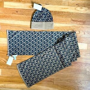 Michael Kors MK Logo Matching Beanie & Scarf- Beige/Black - O/S Fits All